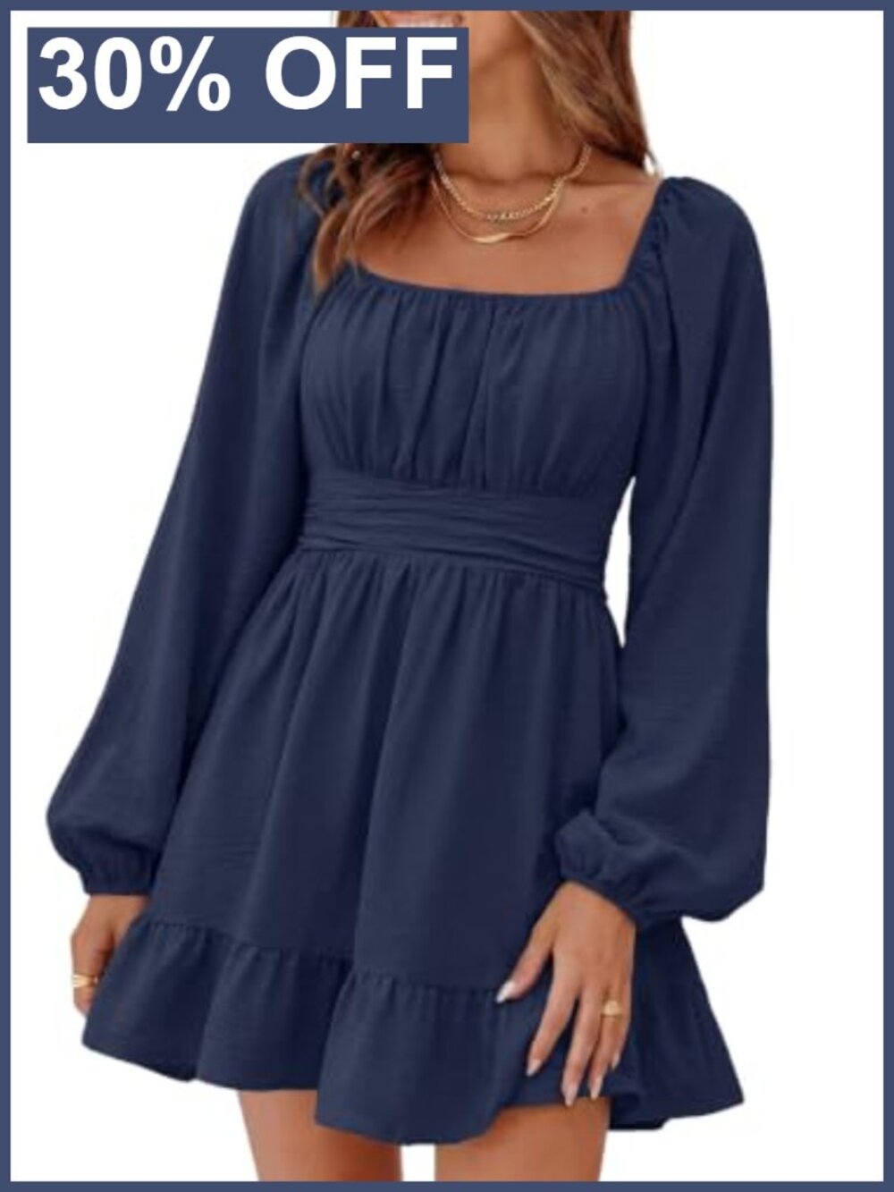 Women's Lantern Sleeve Smocked Waist Tie Back Mini Dress